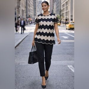 Banana Republic Lace Overlay Blouse | Navy and OffWhite